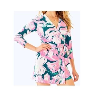 Lilly Pulitzer Karlie Wrap Romper XL Tidal Wave Pans Garden Teal Pink Floral